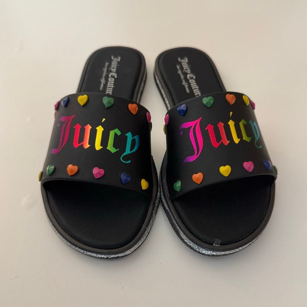 Juicy Couture Pride Rainbow Heart Slide Sandals Size 7 Black Multicolor LGBTQ+